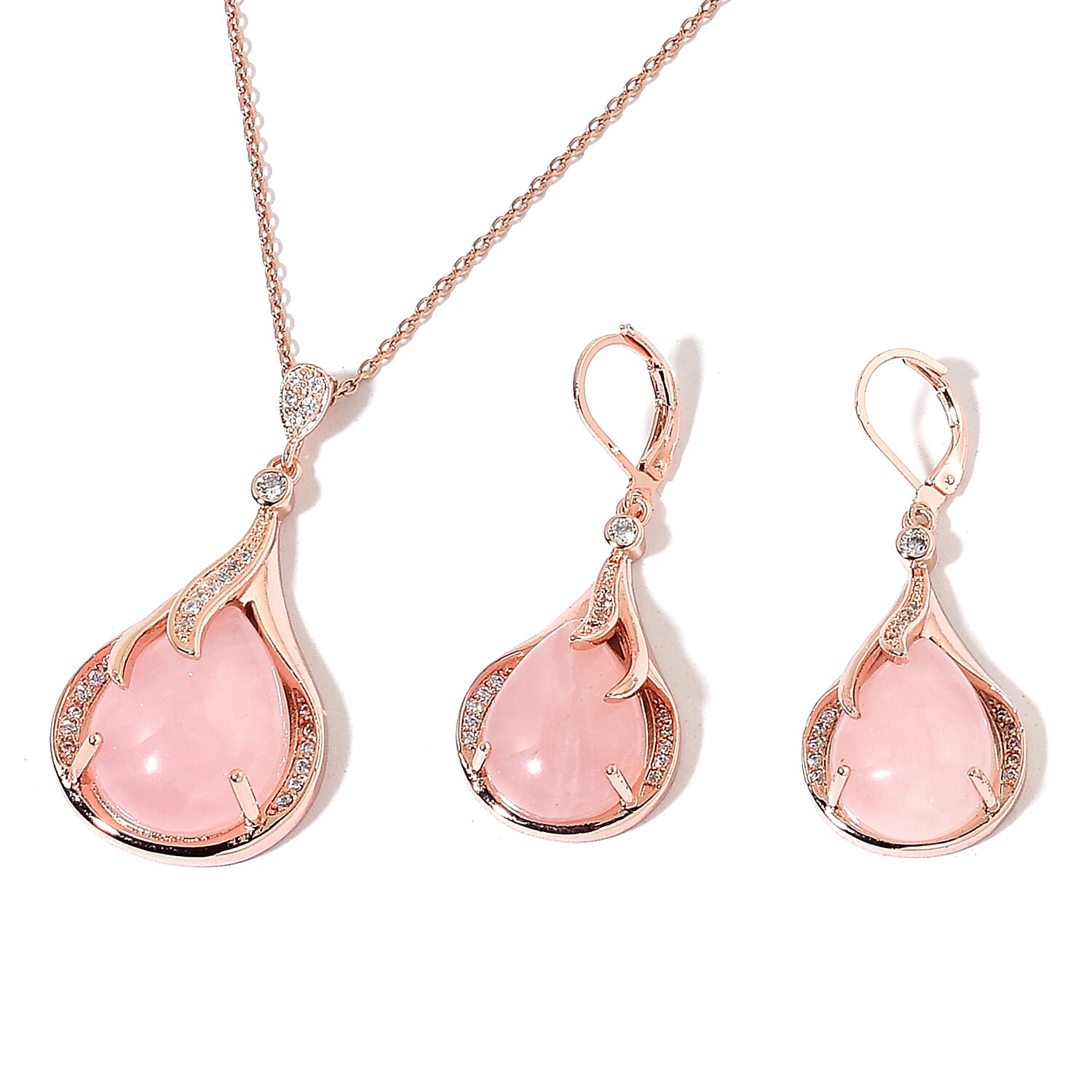 Galilea Rose Quartz and Simulated Diamond Earrings and Pendant Necklace 20 Inches in Rosetone and ION Plated Rose Gold Stainless Steel 11.70 ctw