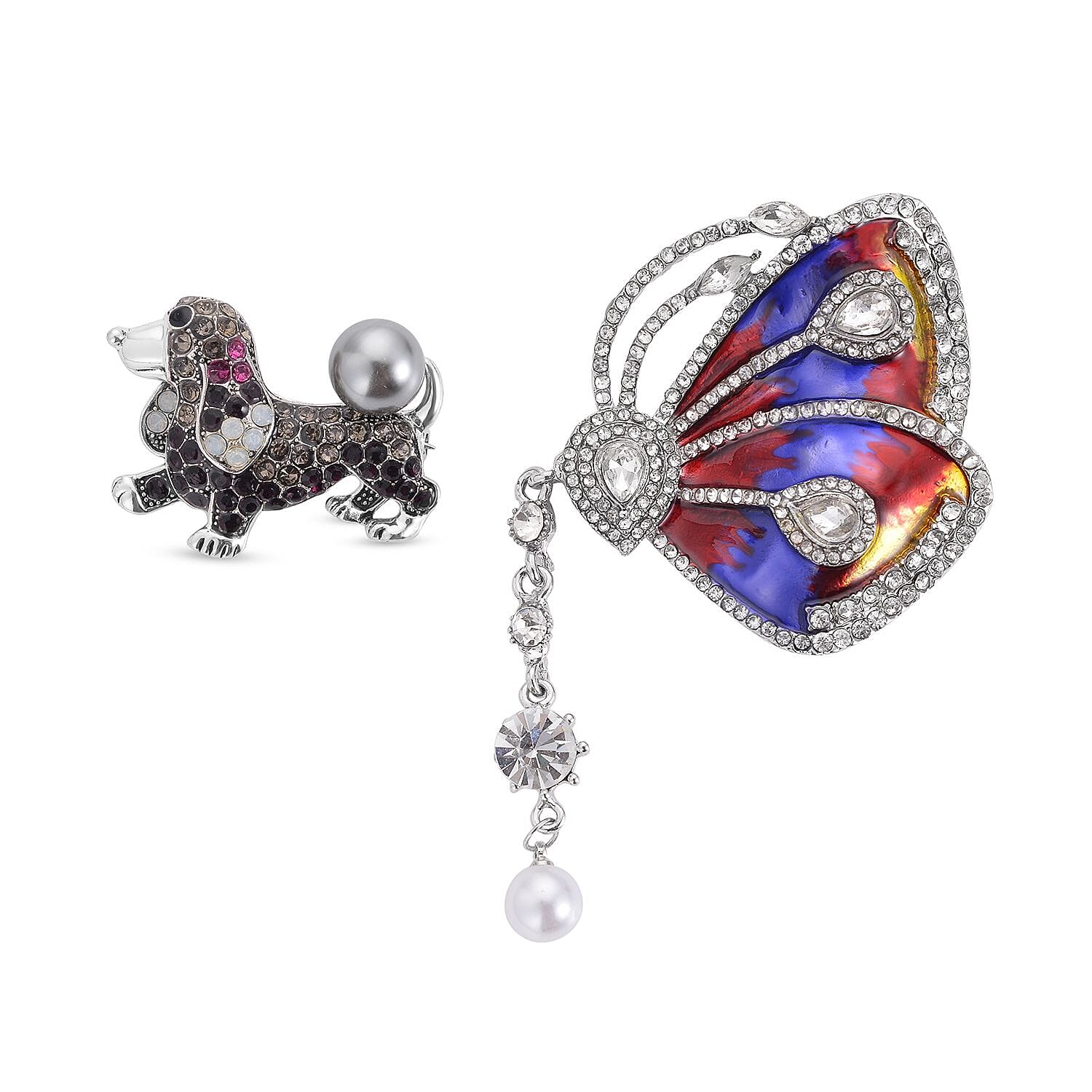 Set of 2 Chroma Pearl, Multi Gemstone, Enameled Dog & Butterfly Brooch in Silvertone