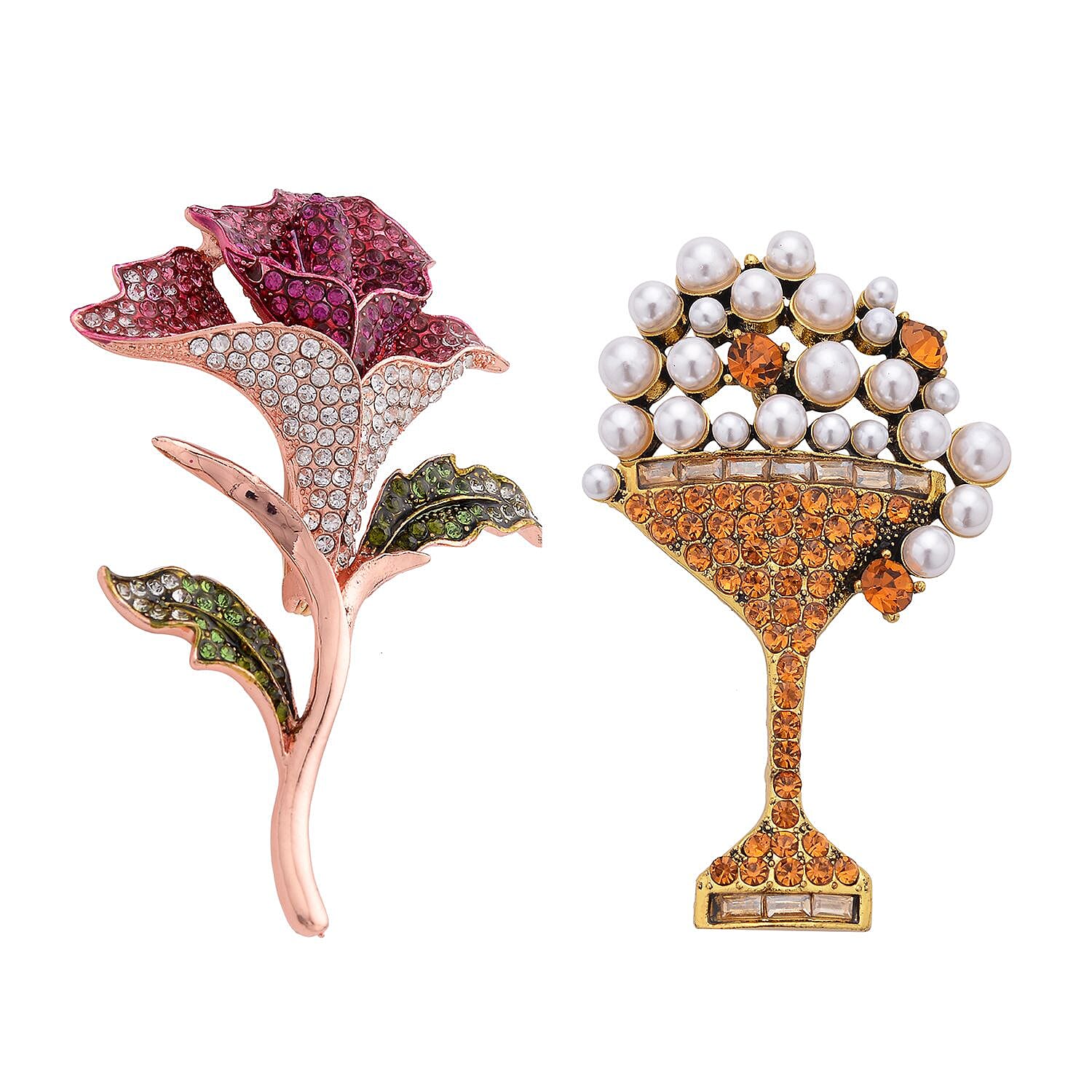 Set of 2 Multi Color Austrian Crystal, Chroma Champagne Glass and Rose Brooches in Goldtone