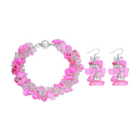 Pink Shell, Clear Beaded Earrings and Bracelet (8.00 In) with Magnetic Clasp in Stainless Steel