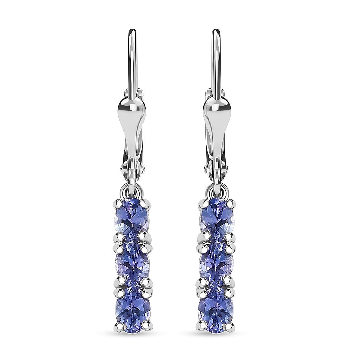 D'Joy AAA Tanzanite Lever Back Trilogy Drop Earrings in Platinum Over Sterling Silver 1.00 ctw