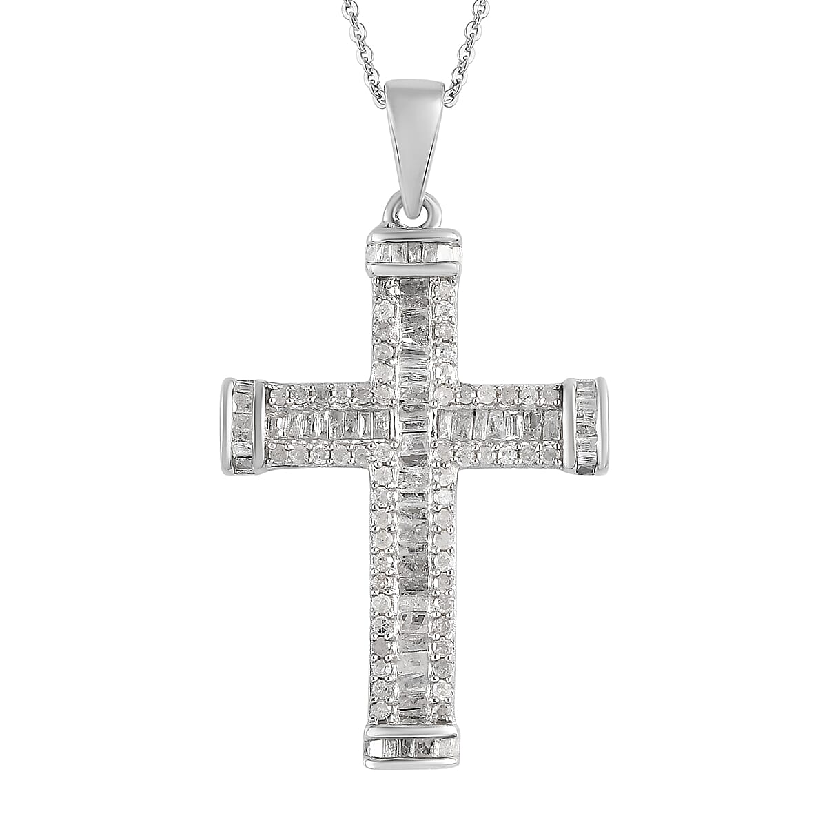 Diamond 1.00 ctw Necklace in Platinum Over Sterling Silver, Cross Pendant, Diamond Pendant 20 Inches