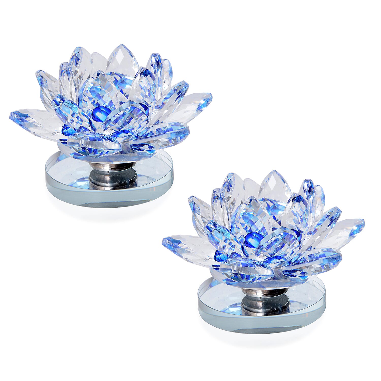 Set of 2 Blue Crystal Lotus Flower with Rotating Base and Gift Box