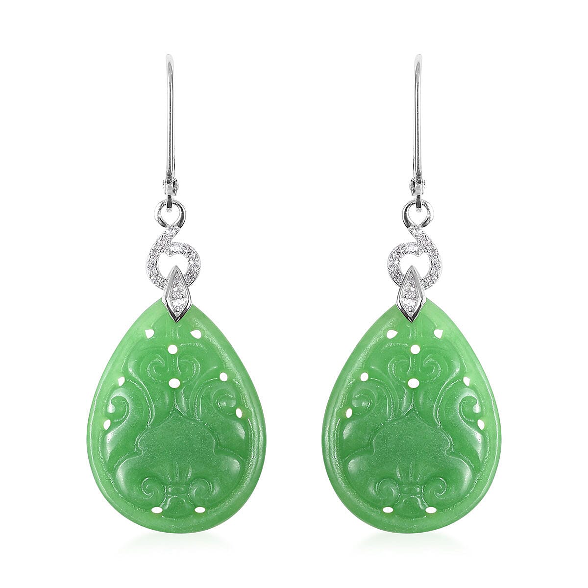 Green Jade (D) Carved, White Zircon Pear Lever Back Earrings in Sterling Silver 24.72 ctw