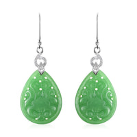 Green Jade (D) Carved, White Zircon Pear Lever Back Earrings in Sterling Silver 24.72 ctw