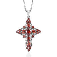 Simulated Garnet Color Diamond Cross Pendant Necklace With Magnetic Clasp 20 Inch in Stainless Steel