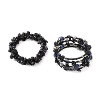 189.50 Set of 2 Black Obsidian and Simulated Blue and Black Sapphire Silvertone Wrap and Stretchable Bracelets