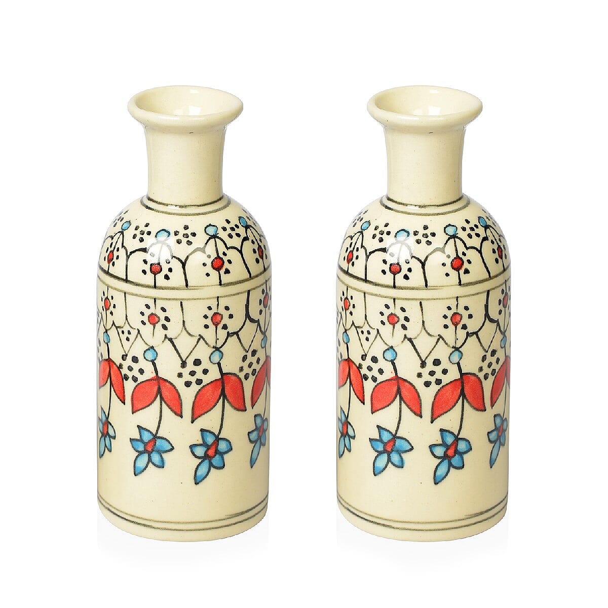 Set of 2 Cream, Multi Color Hand Painted Floral Ceramic Vase (3x7.5 in)
