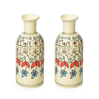Set of 2 Cream, Multi Color Hand Painted Floral Ceramic Vase (3x7.5 in)