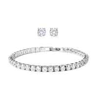 Simulated Diamond Stud Earrings and Tennis Bracelet (7.00 In) in Silvertone