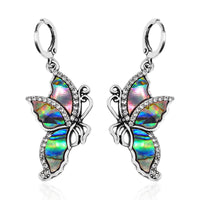 Abalone Shell and Hematite and Black Color Austrian Crystal Lever Back Butterfly Earrings in Silvertone and Stainless Steel