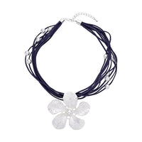 Jasmine Flower Pendant Necklace 18-20 Inch in Silvertone on Navy Multi Strand Faux Leather