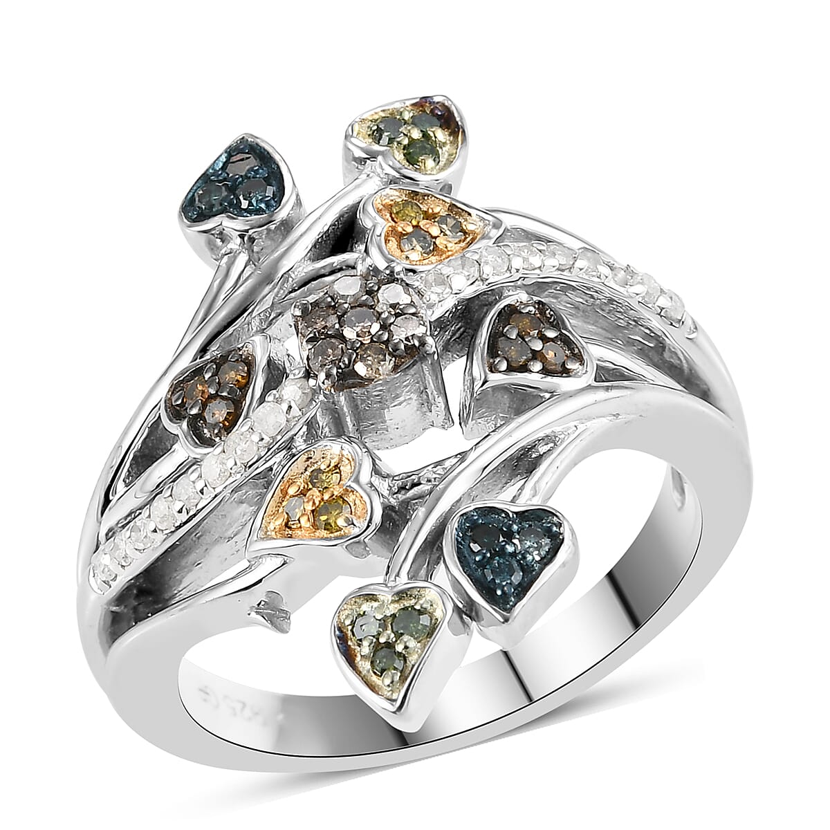 GP Multi Color Diamond Leaf Ring in Multi Color Rhodium & Platinum Over Sterling Silver 0.35 ctw