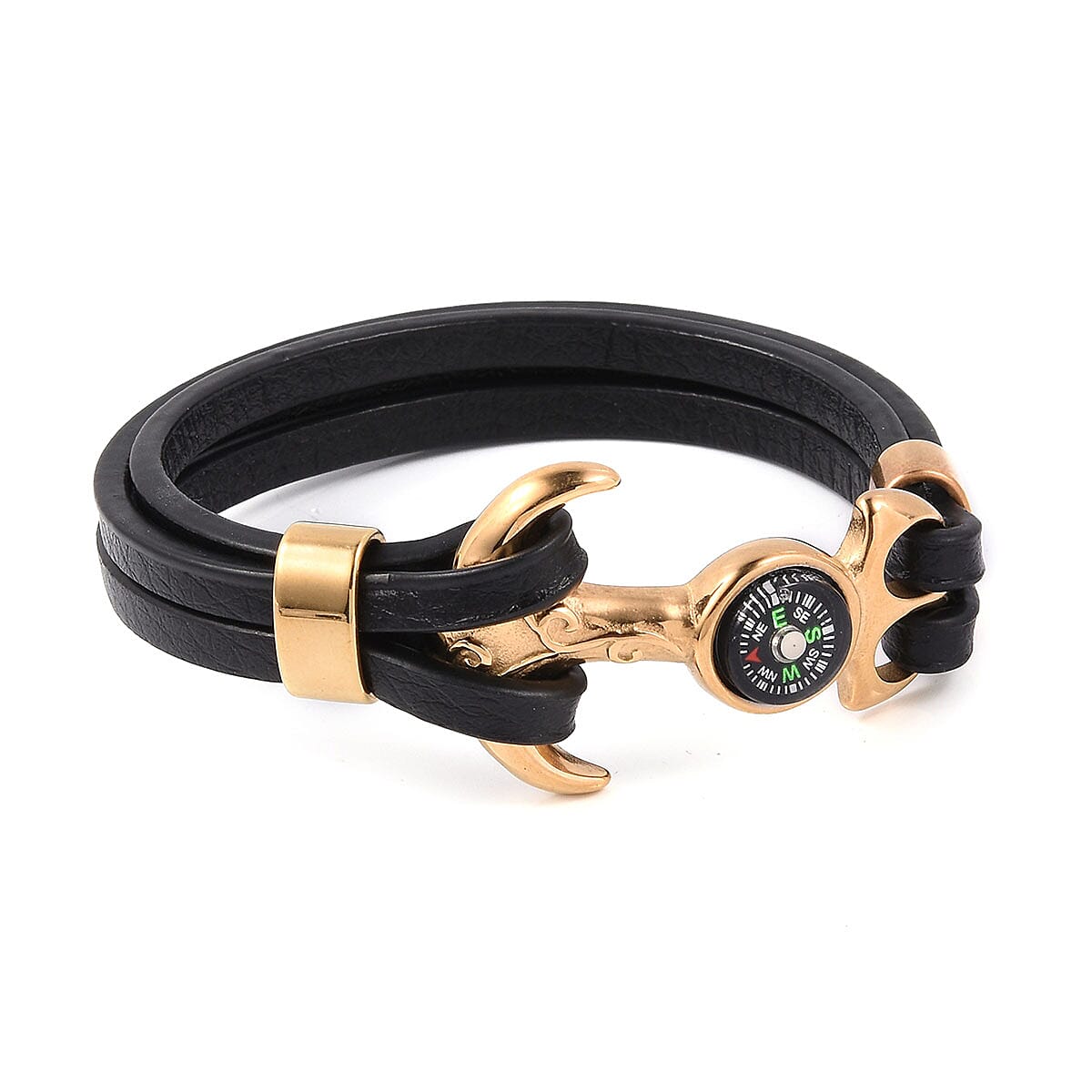 Black Leather Compass Bracelet in ION Plated YG Stainless Steel (8.50 In)