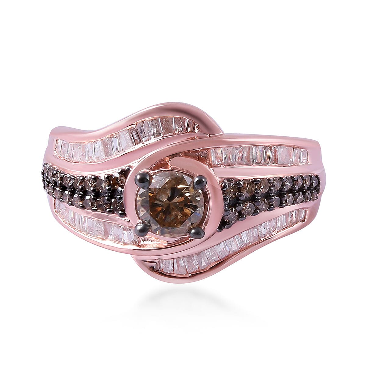 Natural Champagne Diamond and Diamond Ring in Vermeil Rose Gold Over Sterling Silver  (Size 9) 1.00 ctw