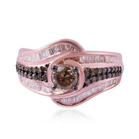 Natural Champagne Diamond and Diamond Ring in Vermeil Rose Gold Over Sterling Silver  (Size 9) 1.00 ctw