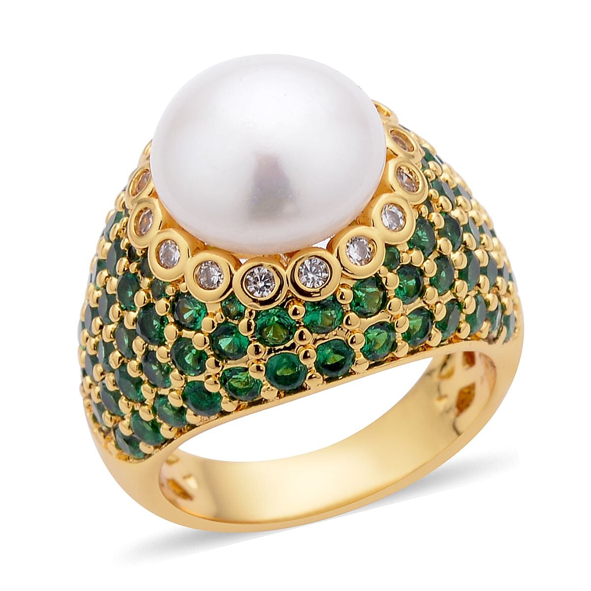 Freshwater White Pearl, Simulated Green and White Diamond Ring in Goldtone 3.50 ctw