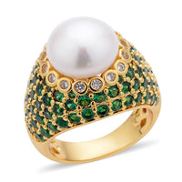 Freshwater White Pearl, Simulated Green and White Diamond Ring in Goldtone 3.50 ctw