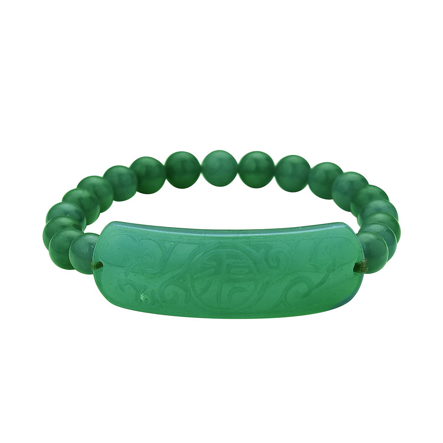 Green Jade Ancient Coin Detail Carved Bar and Beaded Stretch Bracelet 150 ctw