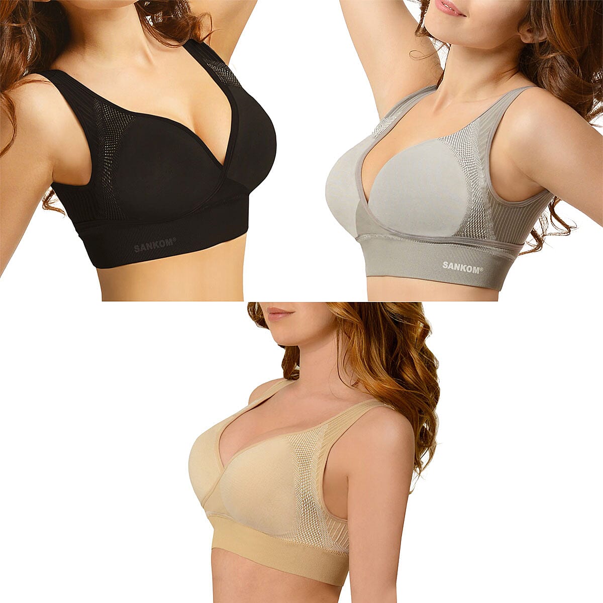 Set of 3 SANKOM Patent Support & Posture Bra with Cooling, Aloe Vera Fibers and Bamboo Fibers - (S/M)| Beige, Black, Gray