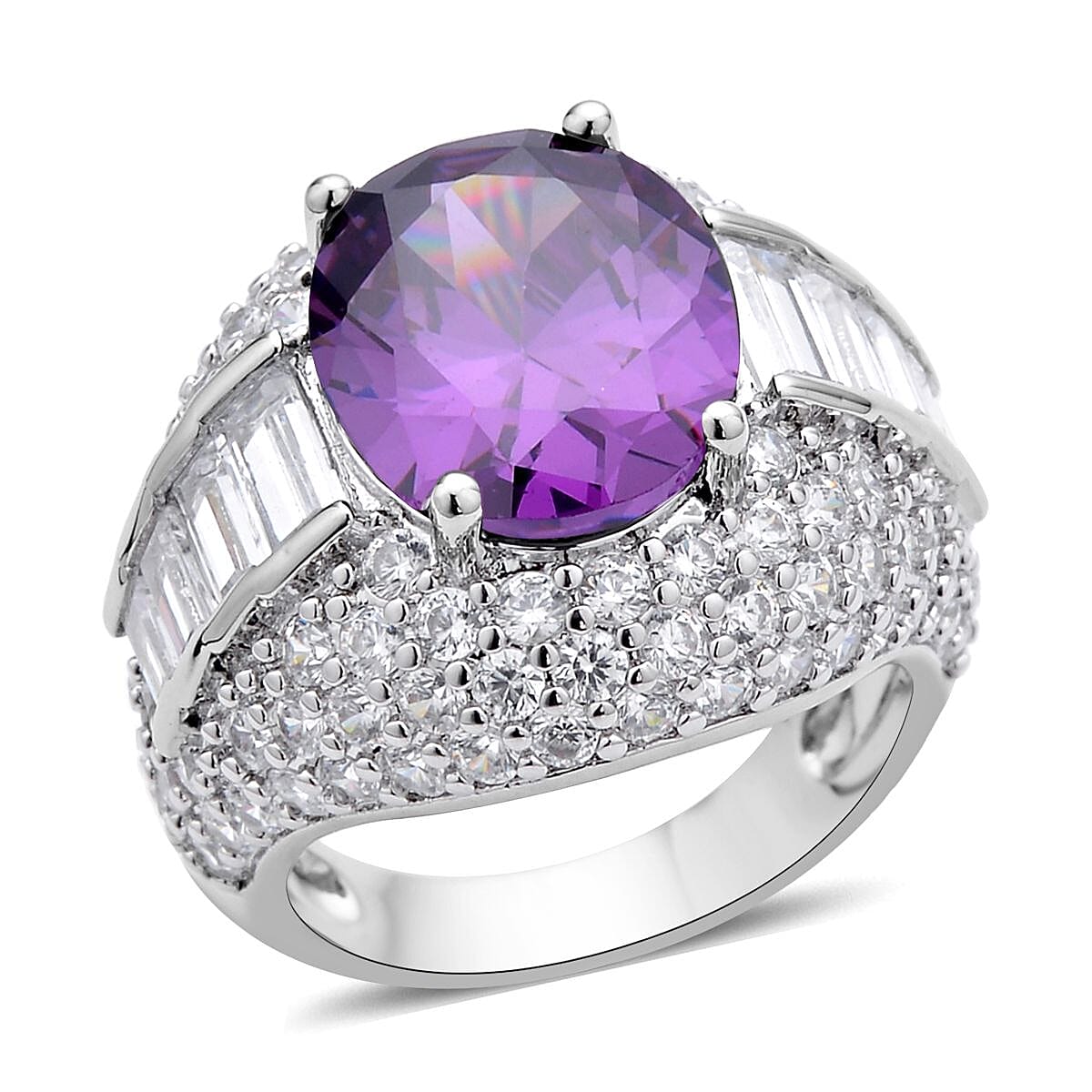 Simulated Purple and White Diamond Ring in Silvertone 12.00 ctw