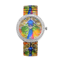 STRADA Austrian Crystal Japanese Movement Peacock Pattern Stretch Bracelet Watch in Stainless Steel