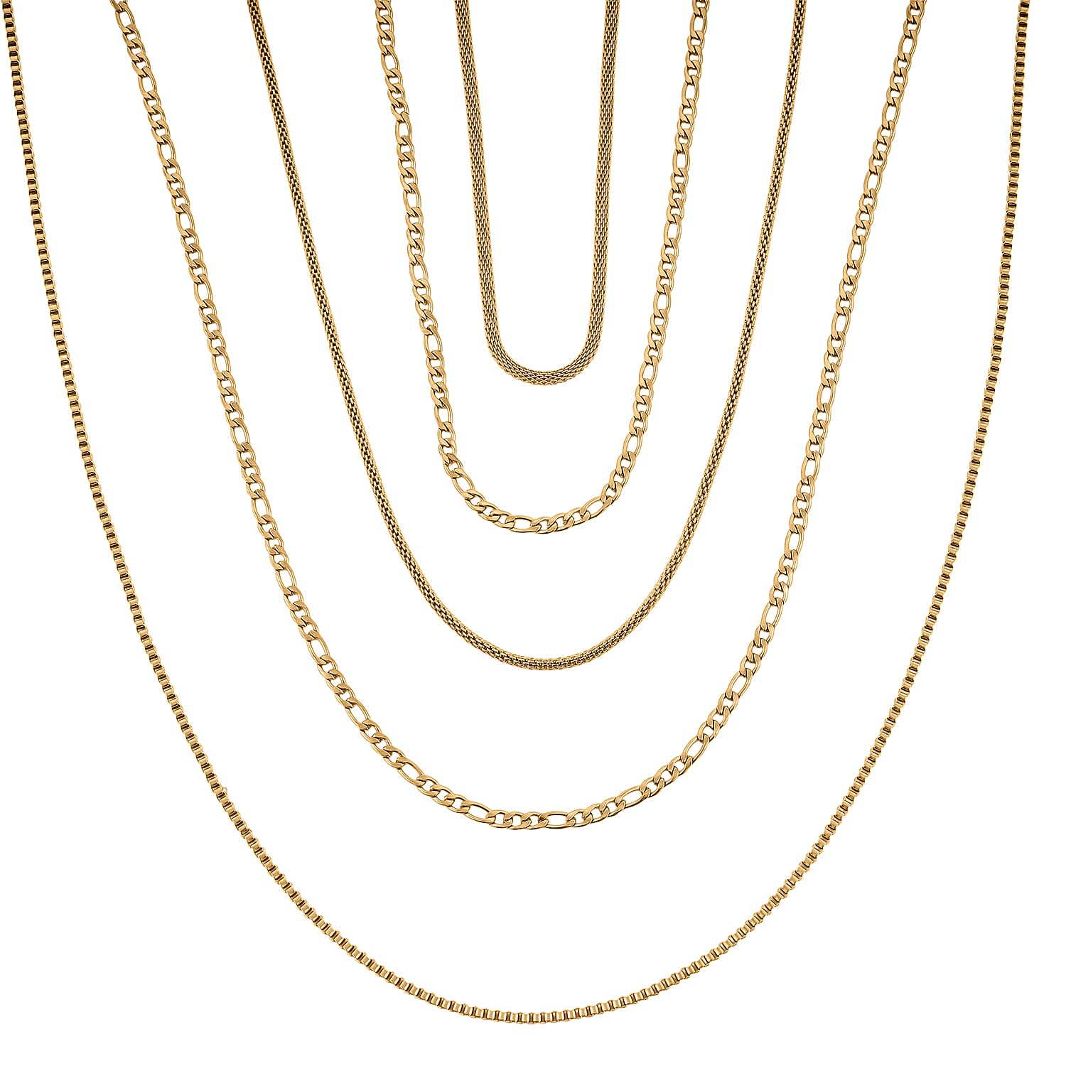 Set of 5 Figaro, Curb, Popcorn, Bismark and Box Chains 20 Inches in ION Plated Yellow Gold Stainless Steel