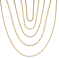 Set of 5 Figaro, Curb, Popcorn, Bismark and Box Chains 20 Inches in ION Plated Yellow Gold Stainless Steel