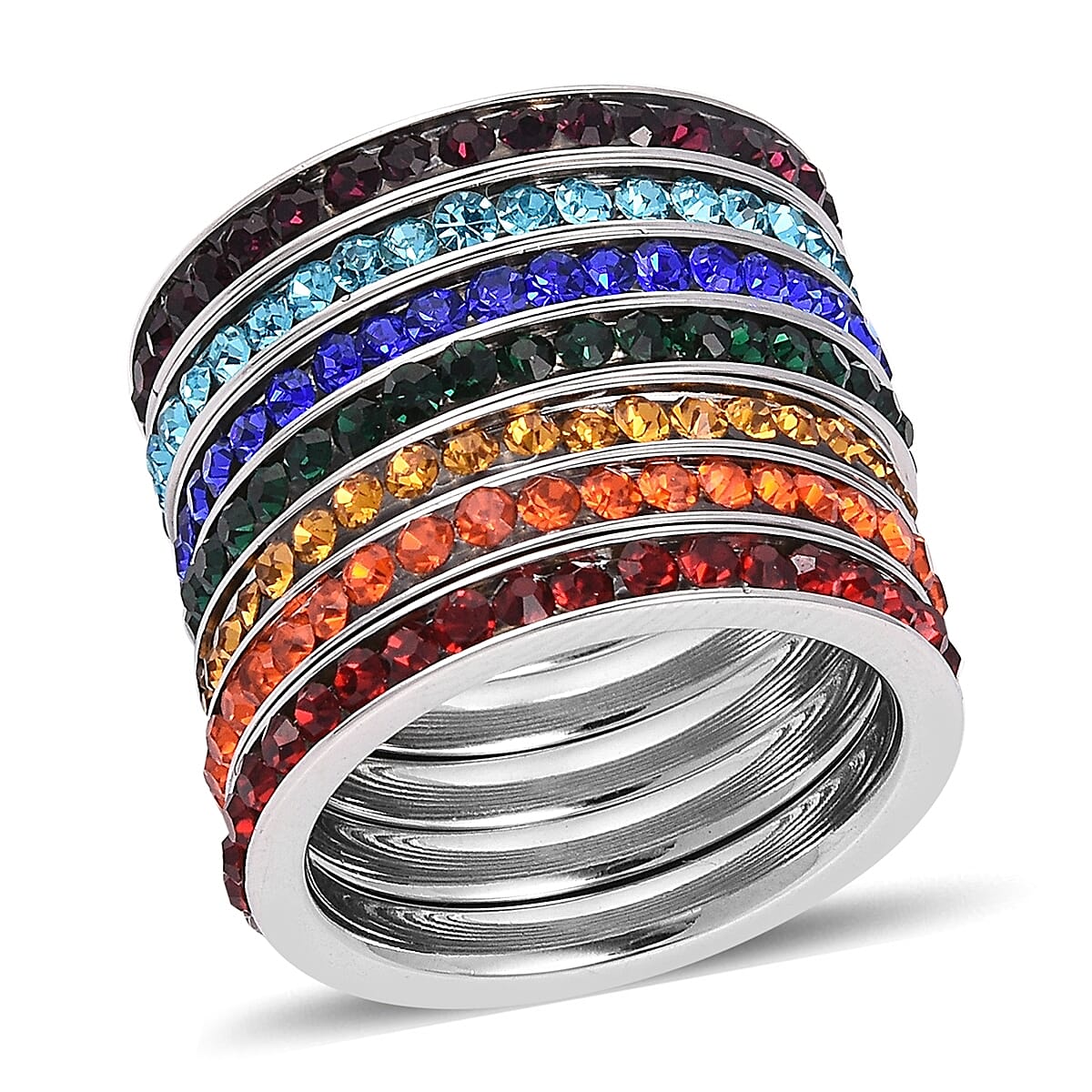 Set of 7 Multi Color Austrian Crystal Stackable Band Rings in Stainless Steel