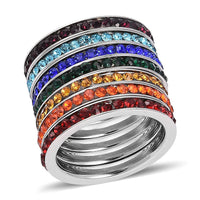 Set of 7 Multi Color Austrian Crystal Stackable Band Rings in Stainless Steel