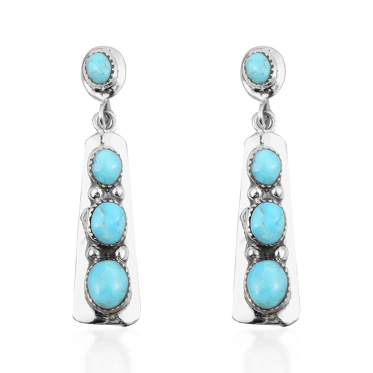 Santa Fe Style Kingman Turquoise Drop Earrings in Sterling Silver 4.25 ctw