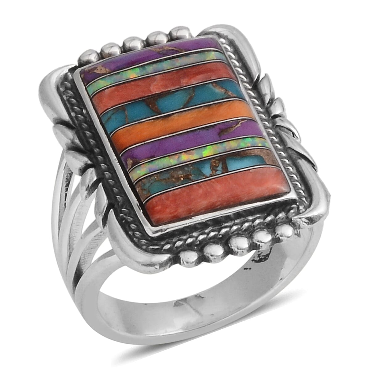 Santa Fe Style Multi Turquoise, Multi Gemstone Ring in Sterling Silver (Size 10.0) 1.50 ctw