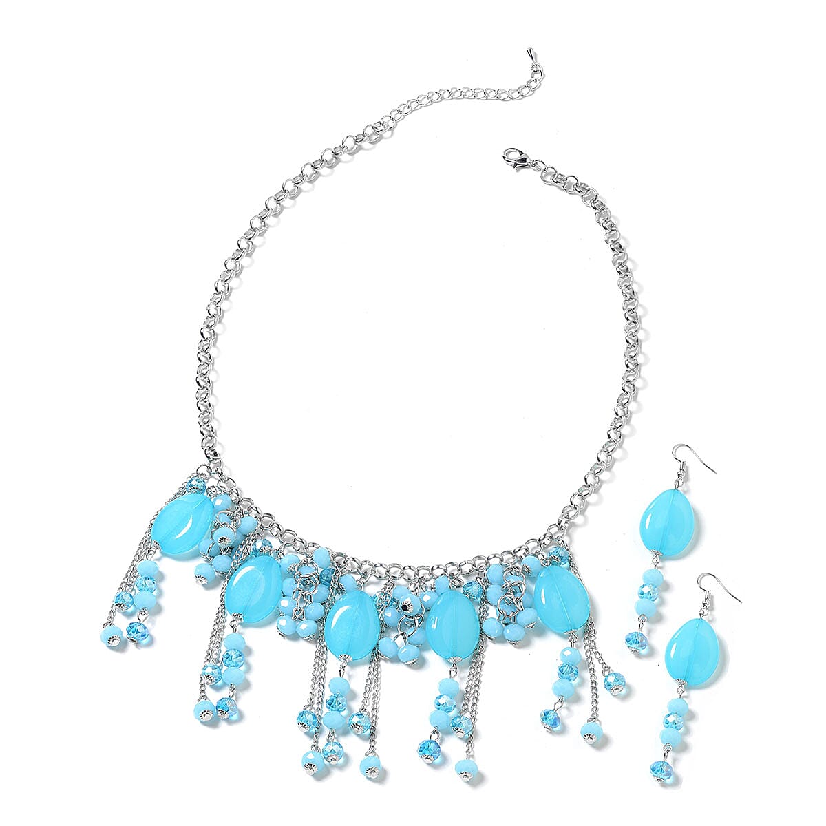 Blue Bead and Chroma Earrings and Necklace 20-24 Inches in ION Plated Yellow Gold and Stainless Steel
