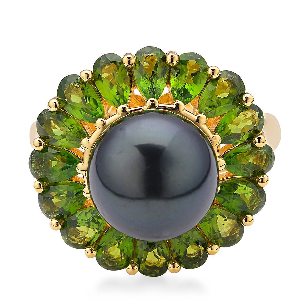Tahitian Cultured Pearl and Natural Chrome Diopside Flower Ring in Vermeil Yellow Gold Over Sterling Silver 4.15 ctw