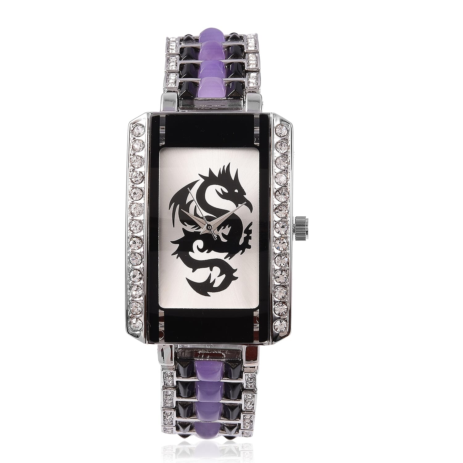 GENOA Austrian Crystal Miyota Japanese Movement Watch with Purple Jade Band and Stainless Steel Back in Silvertone 8.70 ctw