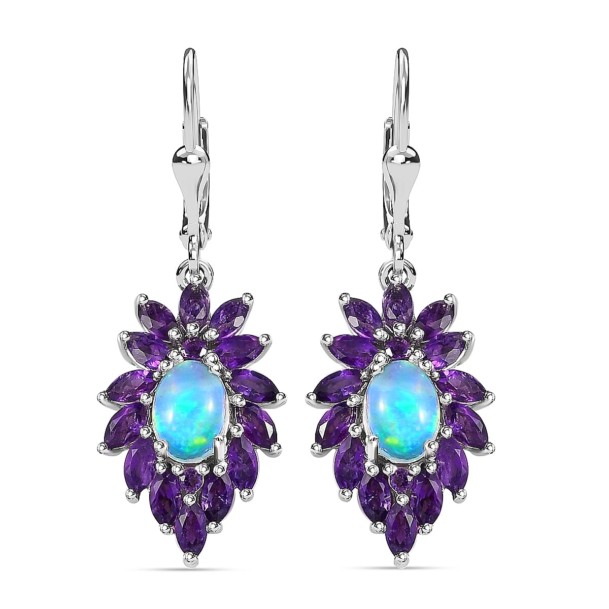 D'Joy Premium Royal Ethiopian Welo Opal and Amethyst 3.75 ctw Lever Back Earrings in Platinum Over Sterling Silver