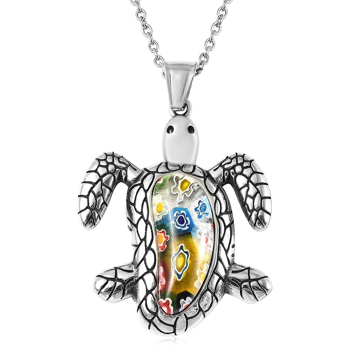 Multi Color Murano Style Turtle Pendant Necklace 20 Inches in Black Oxidized Stainless Steel