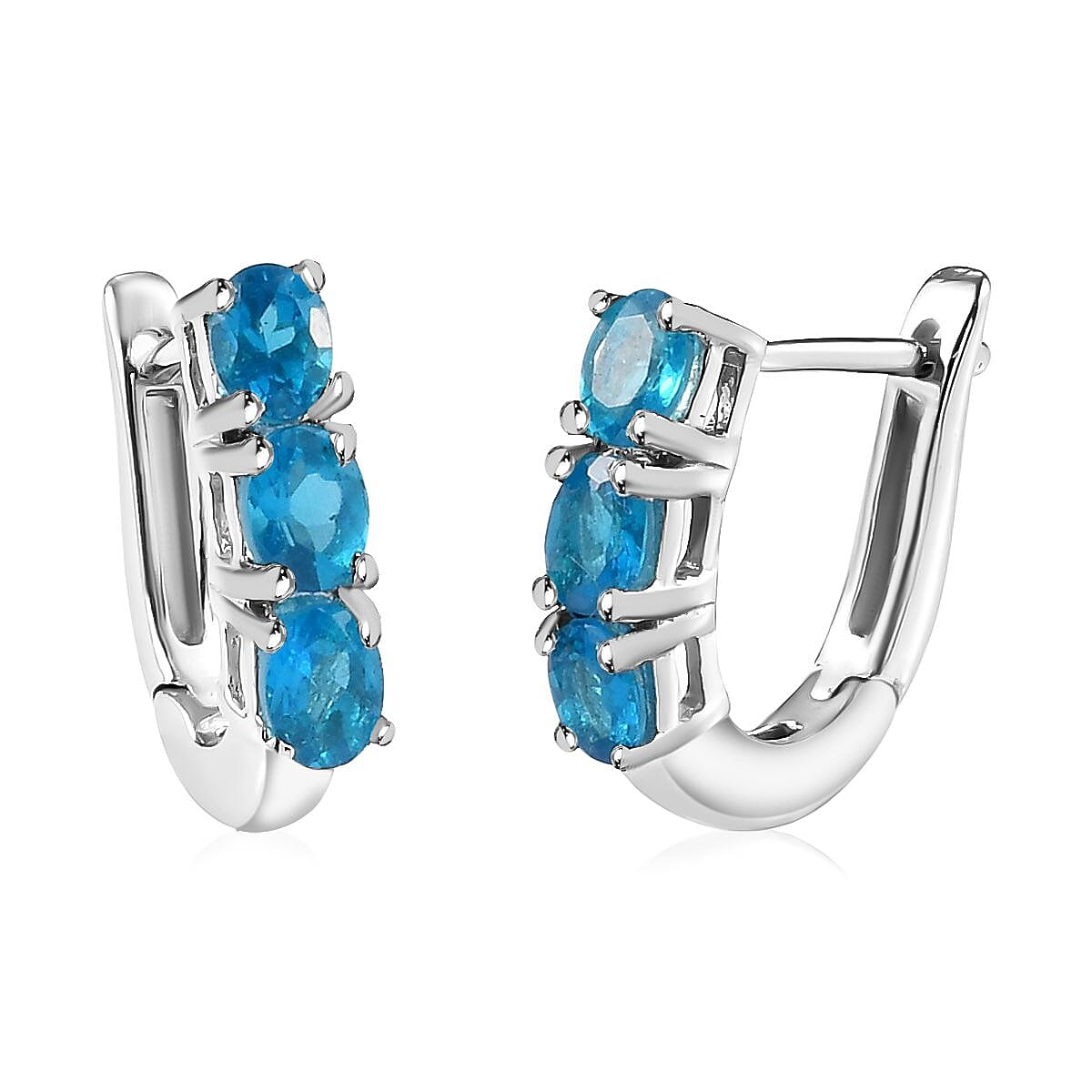 D'Joy Malgache Neon Apatite Huggie Hoop Earrings, Apatite Three Stone Earrings, Platinum Over Sterling Silver Earrings, Gifts For Her 1.10 ctw