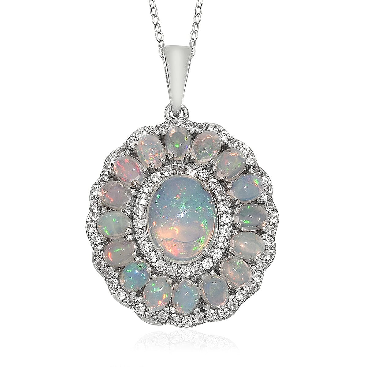 Ethiopian Welo Opal, Cambodian Zircon Pendant Necklace (20 in) in Platinum Over Sterling Silver 4.25 ctw