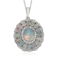 Ethiopian Welo Opal, Cambodian Zircon Pendant Necklace (20 in) in Platinum Over Sterling Silver 4.25 ctw