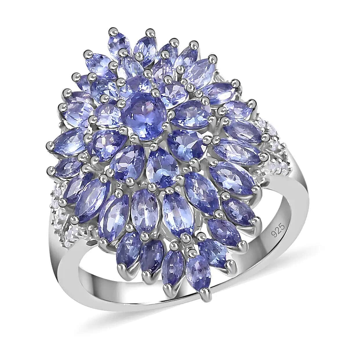 Tanzanite, Natural White Zircon Elongated Cluster Ring in Platinum Over Sterling Silver (Size 10.0) (Avg. 7.1 g) 5.40 ctw