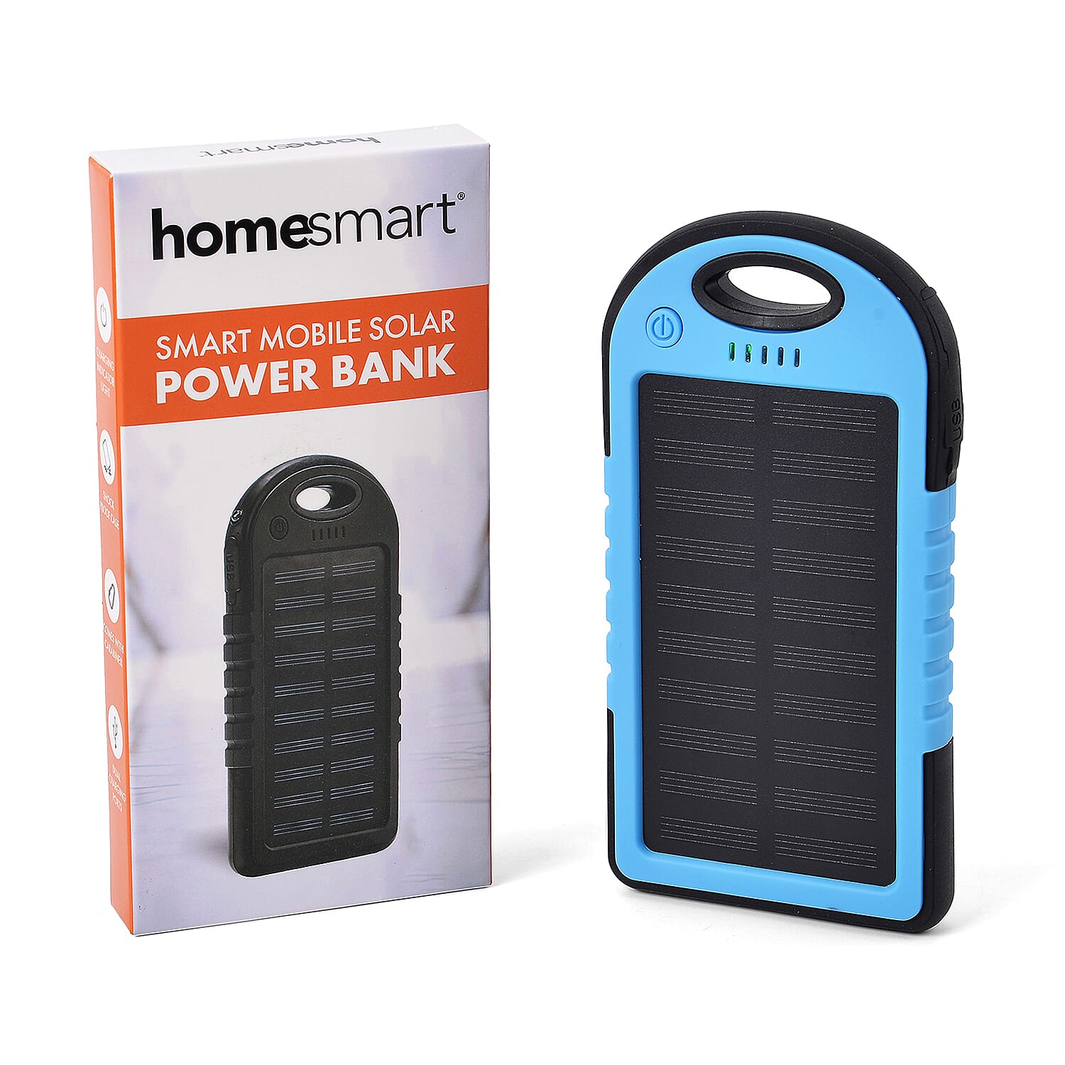 HOMESMART White Carabiner Solar 5000 mAh Battery Charger with USB & Emergency LED Torch