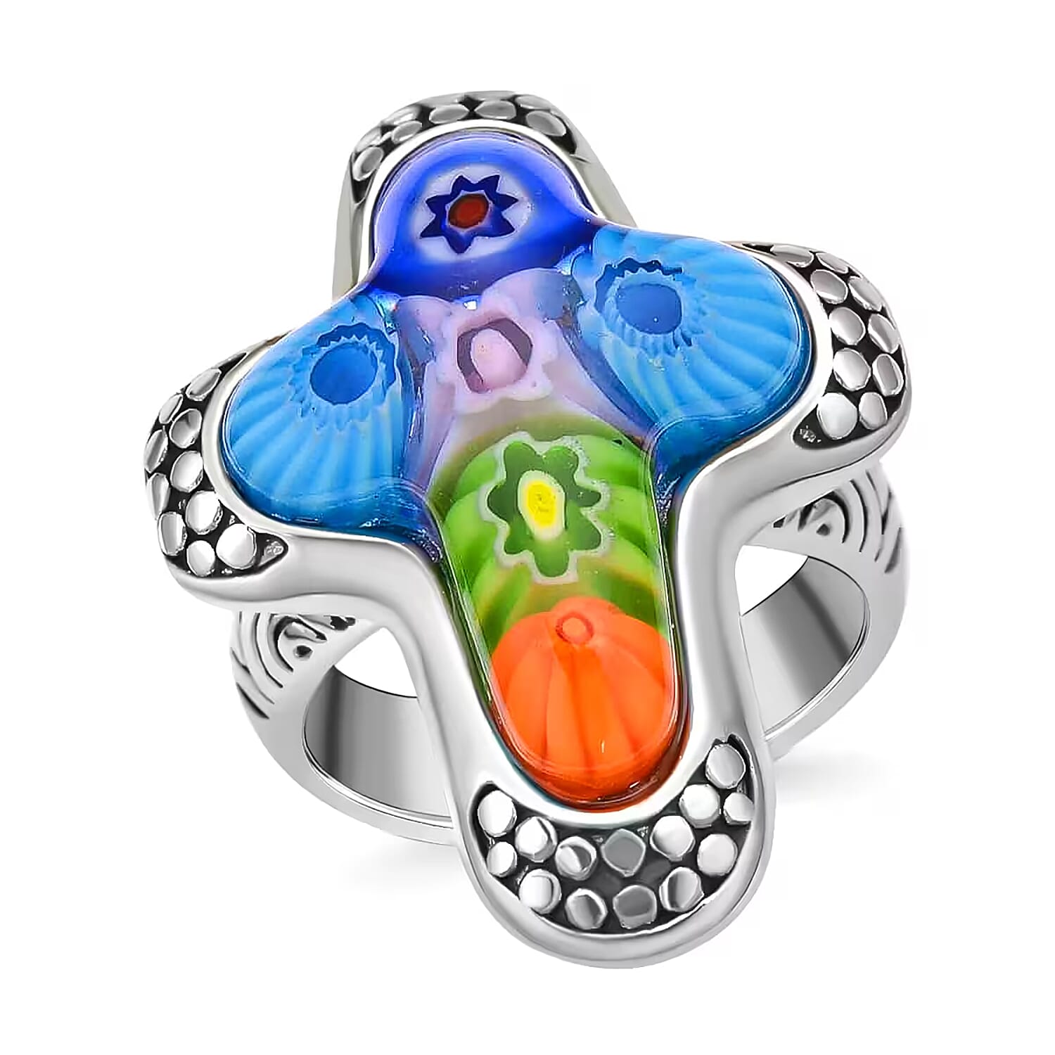 Multi Color Murano Style Cross Ring in Black Oxidized Stainless Steel