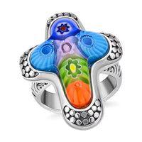 Multi Color Murano Style Cross Ring in Black Oxidized Stainless Steel