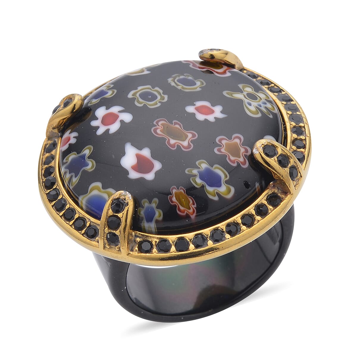 Black Murano Style and Black Austrian Crystal Ring in ION Plated Yellow Gold and Black Stainless Steel