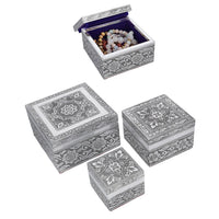 Set of 3 Handcrafted Mandala Embossed Aluminum Oxidized Multi-Purpose Nested Box with Scratch Protection Interior (4.75x4.75x2.5, 3.5x3.5x2.15, 2.5x2.5x1 in)
