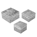 Set of 3 Handcrafted Mandala Embossed Aluminum Oxidized Multi-Purpose Nested Box with Scratch Protection Interior (4.75x4.75x2.5, 3.5x3.5x2.15, 2.5x2.5x1 in) - Sticky add to cart bar