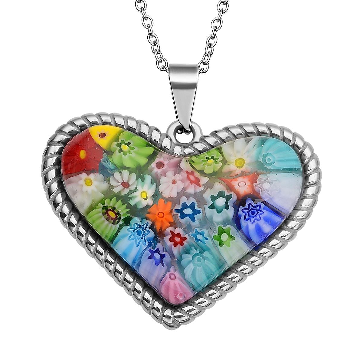 Multi Color Murano Style Necklace in Stainless Steel, Heart Pendant For Women (20 Inches)