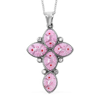 Pink Color Murano Style and White Austrian Crystal Cross Pendant Necklace 20 inch in Black Oxidized Stainless Steel
