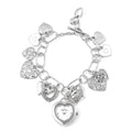 STRADA White Austrian Crystal, Enameled Japanese Movement Charm Heart Bracelet Watch in Silvertone (7.5-9 in) - Sticky add to cart bar